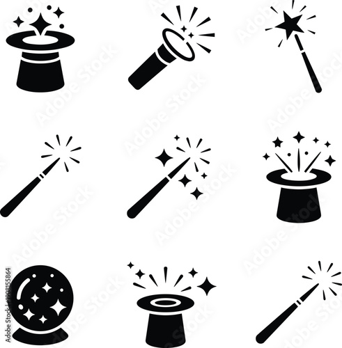 Black magic with wands and hats and crystal ball