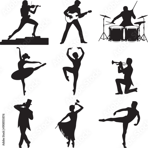 Silhouettes of musicians and dancers performing various musical instruments and dance styles