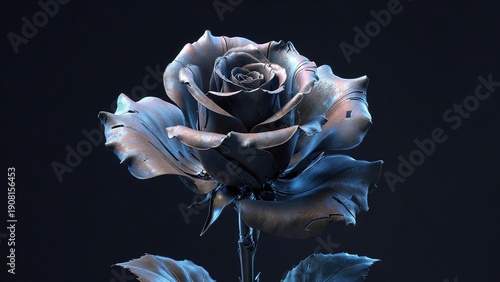 Detailed close-up of a single black rose with iridescent metallic petals on a dark background