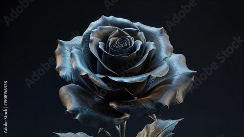 ErrorDetailed close-up of a single black rose with iridescent metallic petals on a dark background