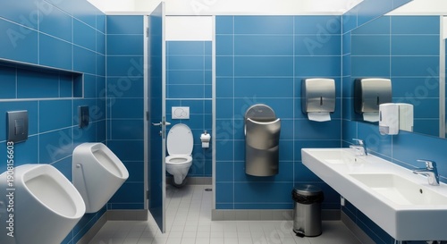 Clean modern public restroom with blue tiles, urinals and sinks