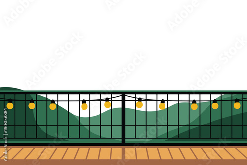 Green Fence with String Lights and Hills Background