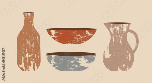 Abstract Ceramic Pottery Collection with Rustic Texture.
