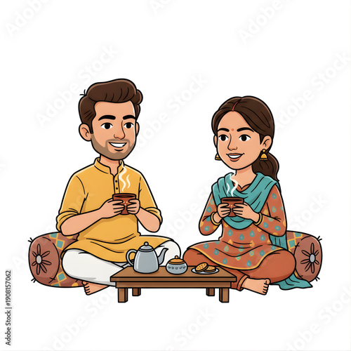 Indian man and woman drinking morning chai at home, relaxed expressions, casual ethnic clothes, cute vector caricature