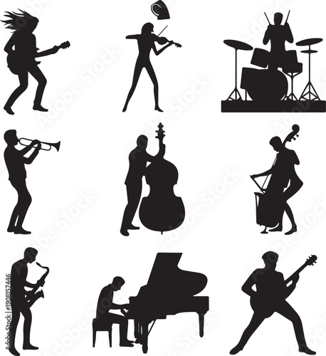 Silhouettes of musicians playing various musical instruments  musicians performing on stage