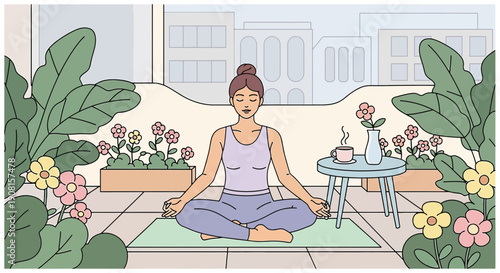 Woman Meditating on Balcony with Flowers and Cityscape in Background