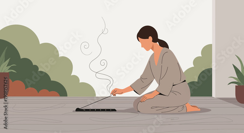 Woman Meditating with Incense Stick on Patio, Relaxing Zen Moment