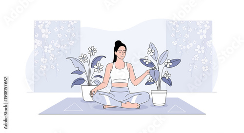 Woman Meditating With Potted Plants, Yoga and Mindfulness Illustration