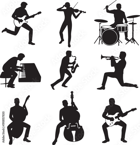Silhouettes of musicians playing various musical instruments