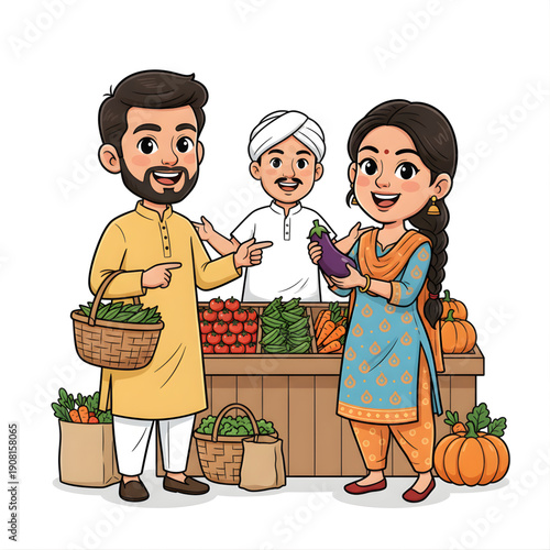 Indian couple buying vegetables from local market, vector caricature