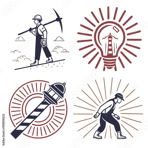 Four illustrations depicting historical inventions and their inventors in a vintage style