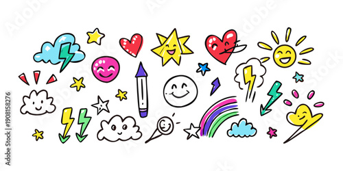 A vibrant and colorful illustration of various doodle-style objects and symbols.