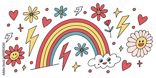 A vibrant and colorful illustration featuring a rainbow, hearts, and stars.