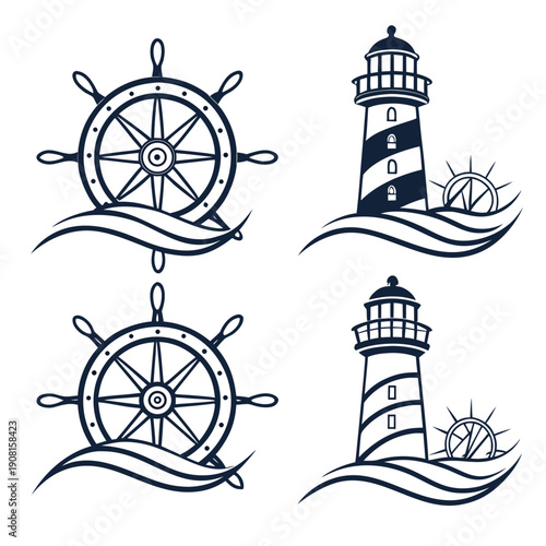 Four nautical symbols including a ship's wheel and a lighthouse