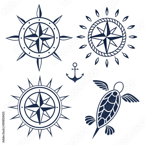Four nautical symbols including a compass, anchor, turtle, and ship wheel
