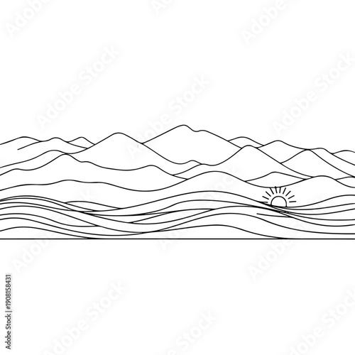 Minimalist abstract line art illustration of a tranquil natural landscape with rolling mountains, gentle waves, and a radiant sun, perfect for serene design concepts