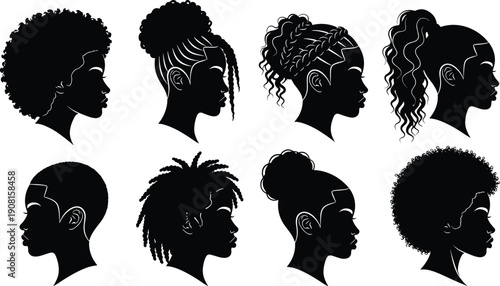 Black women hairstyle silhouette collection featuring afro, braids, buns and curly hair profiles isolated on white background for beauty, fashion and diversity designBlck 