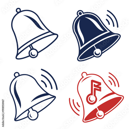 Four illustrated bells with different designs and sound waves indicating ringing