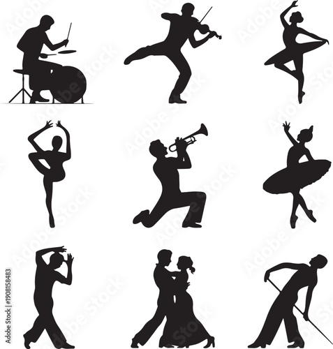 Silhouettes of people performing various musical and dance activities together