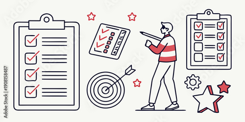 A person in a suit holding a clipboard with checklists and target diagrams