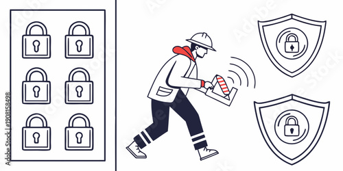 A person is using a key to open a shield with a keyhole.