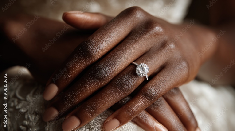 Obraz premium Hands are clasped gently on lap, showcasing a diamond ring and white silk from a wedding dress, creating a refined look