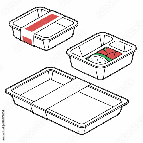 Three different types of aluminum trays with red lids for food storage