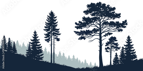 A serene forest landscape with tall trees and a misty background at dusk