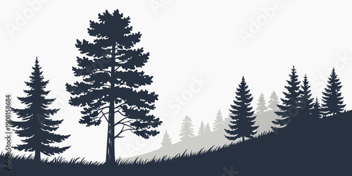 Silhouette of tall pine trees against a white background with mountains in the distance