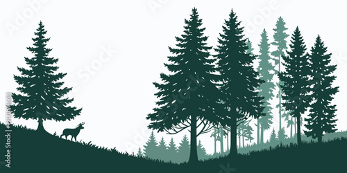 Silhouette of tall pine trees on a hillside with a clear sky background.