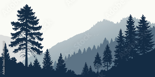 Majestic mountain range with pine trees under a clear sky at dusk