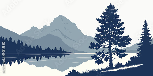 Majestic mountain landscape with a serene lake and tall pine trees