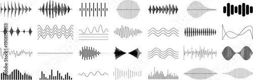 Isometric audio waveform collection illustration, sound signal frequency visualization set, music equalizer vector design elements