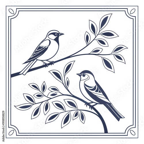 Three blue birds perched on a branch with leaves in a square frame.