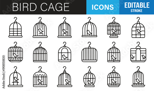 Aviary bird cage outline icons vector collection
