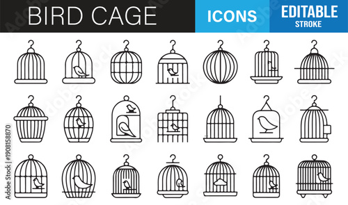 Pet care bird cage minimal line icons editable vector set