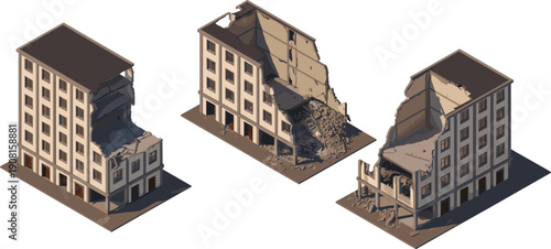 Isometric damaged building illustration set, collapsed structure disaster scene, urban destruction vector architecture emergency concept