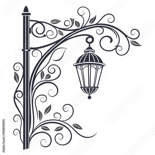 A vintage street lamp with intricate design and hanging lantern.