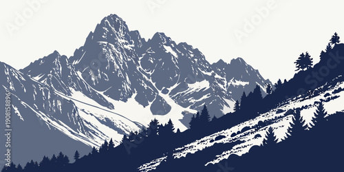 Majestic snow-capped mountains tower over a serene forest landscape.