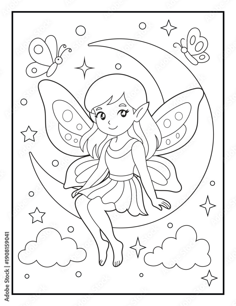 Fototapeta premium Fairy Sitting on Crescent Moon with Butterflies. Bold and Easy Line Art for Kids. 