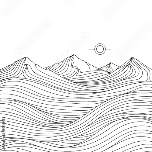 Abstract Wavy Mountains and Sun Graphic Design Vector Illustration