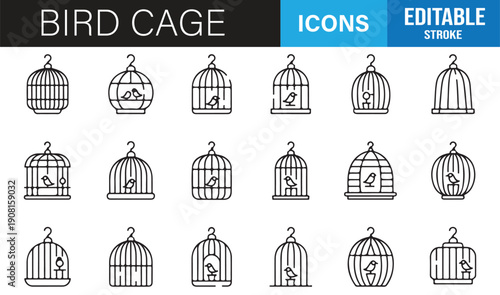 Animal enclosure bird cage line icons editable stroke set