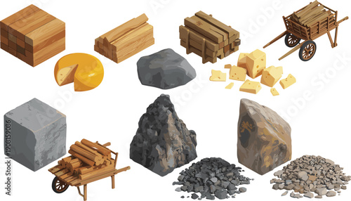 Isometric resource icons set with stacked logs, timber bundles, rocks, stone piles, ice block and materials illustration