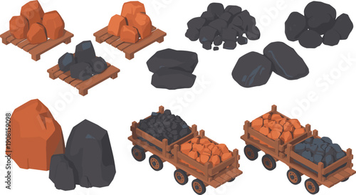 Isometric rock and mineral collection illustration, mining stones and ore carts set, industrial resource vector assets