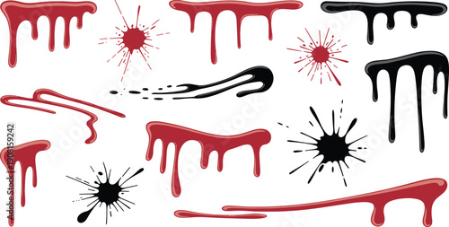 Red and black dripping splatter illustration set, horror liquid paint stains and splash vector elements