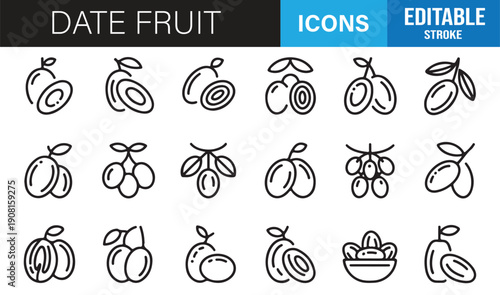Tropical palm date fruit minimal line icons editable vector set