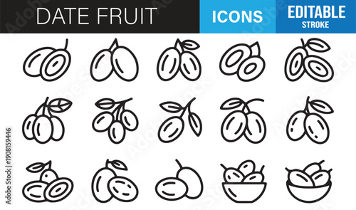 Organic date fruit and palm outline icons vector pack