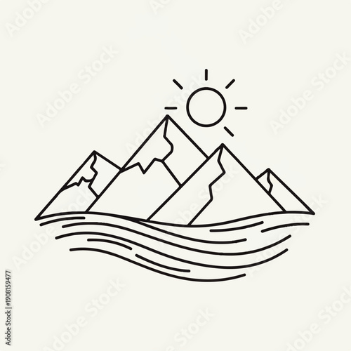 Minimalist Outline Illustration of Serene Mountains with a Rising Sun Over Calm Water Waves, Depicting a Peaceful Natural Landscape Scene