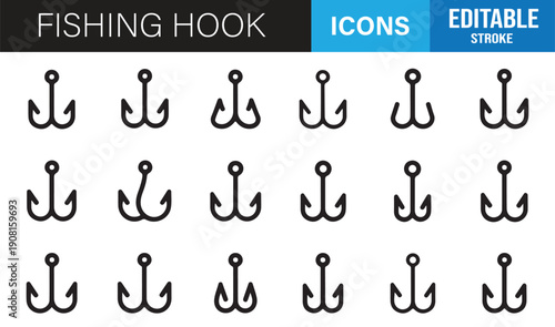 Fishing equipment hook line icon set minimal vector pack