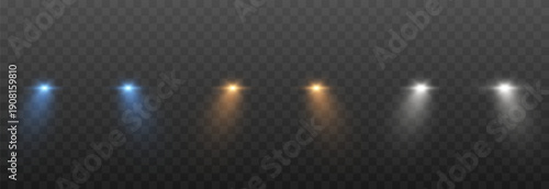 Set of realistic headlights with turned-on lights in different colors. Blue, yellow, white headlight light PNG. Lighting from turned-on car headlights. Light effect.